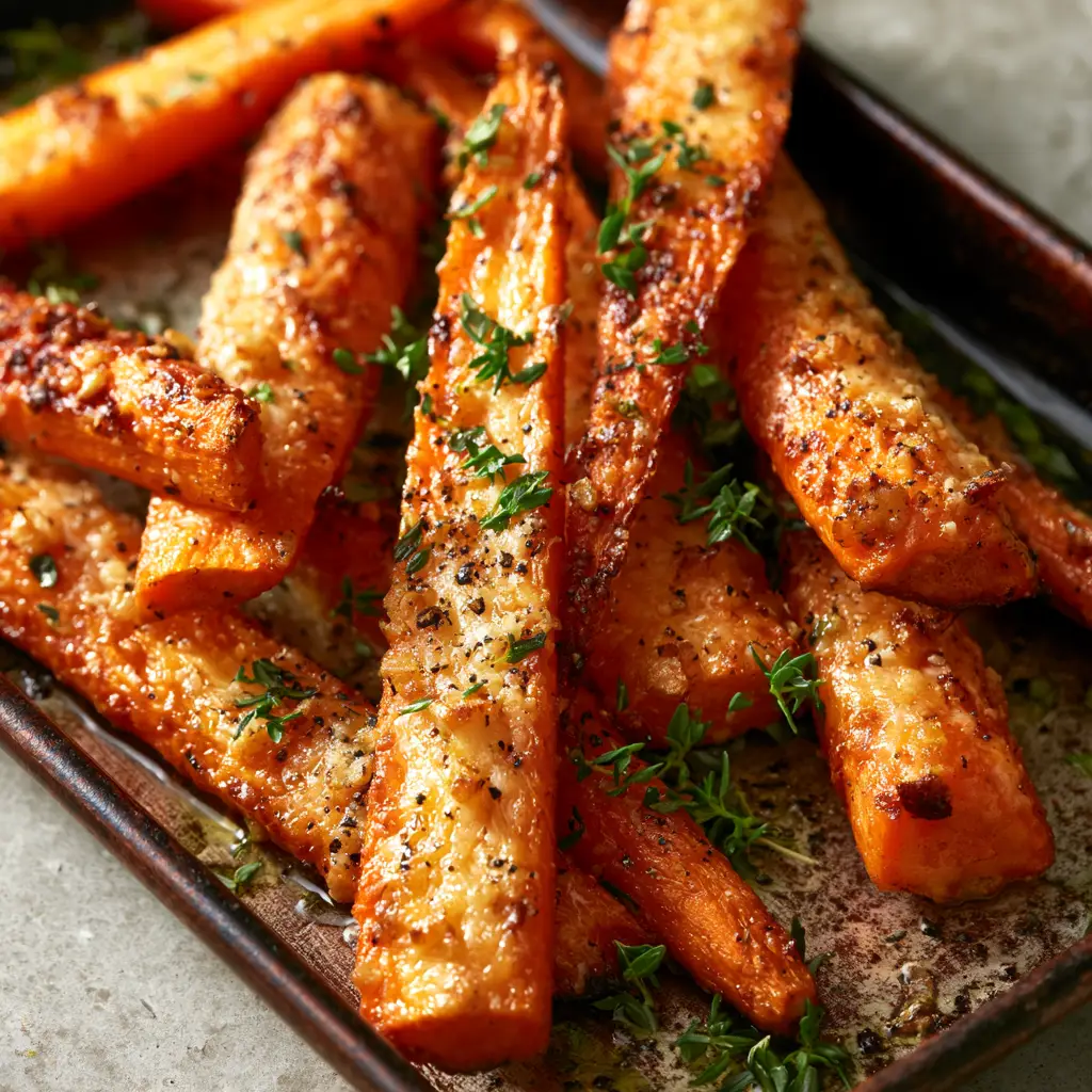 Extreme close-up of blistered carrot skin and toasted minced garlic bits on Parmesan Garlic Roasted Carrots.