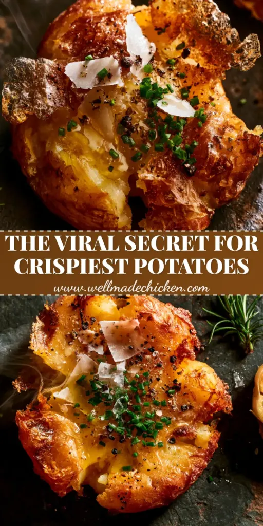 A close-up of a perfectly crispy smashed Yukon Gold potato with lacy edges, garlic cloves, and fresh chives. (Potato recipe)