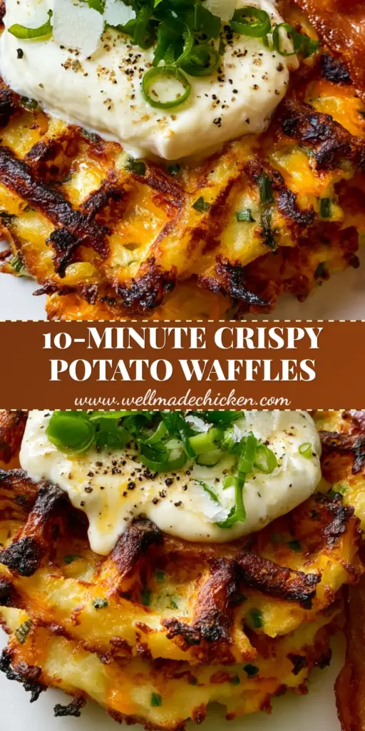 Potato Waffle Recipe with Sharp Cheddar and Crispy Bacon 3 A stack of two ultra-crispy potato waffles with charred edges, melted cheddar, sour cream, and bacon on a matte white plate. (potato waffle recipe)