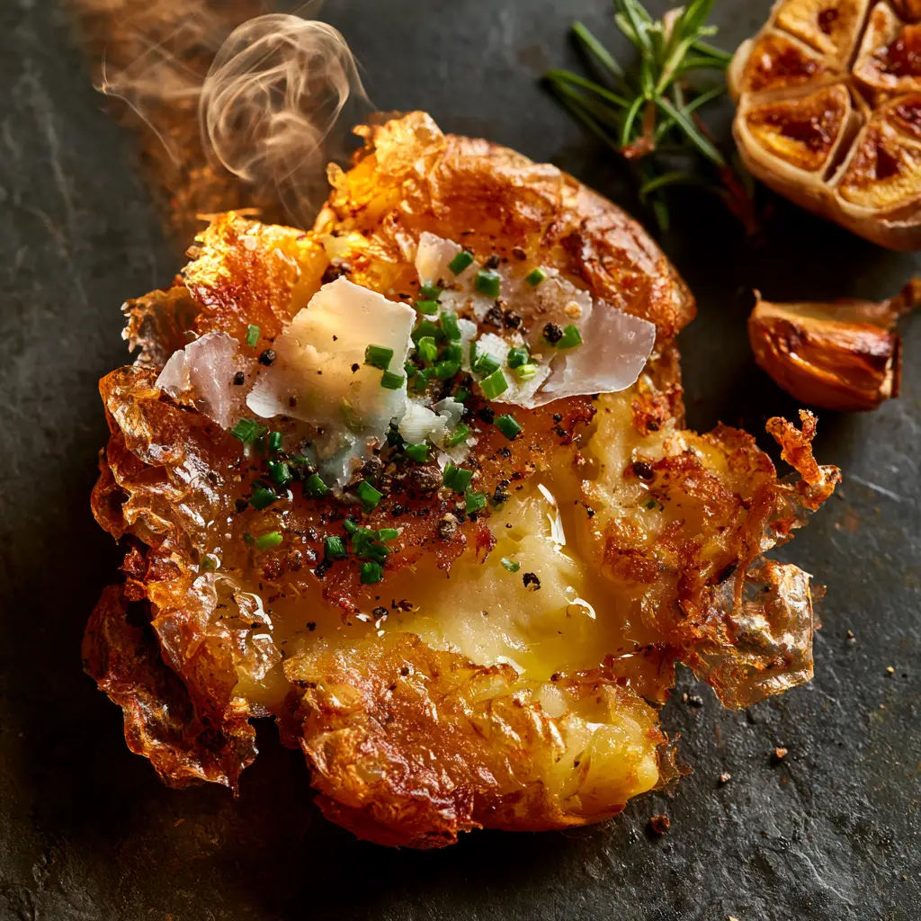 Close-up shot of garlic-infused olive oil drizzled over a roasted smashed potato with rosemary.