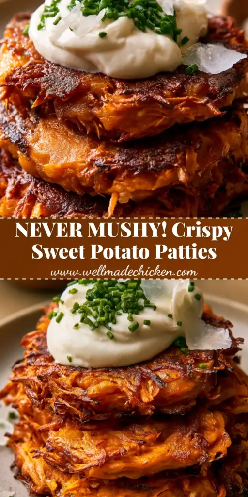 Sweet Potato Patties with Ultra-Crispy Jagged Edges and Garlic Aioli 4 A stack of three crispy sweet potato patties with charred edges topped with white garlic aioli and green chives on a matte plate.