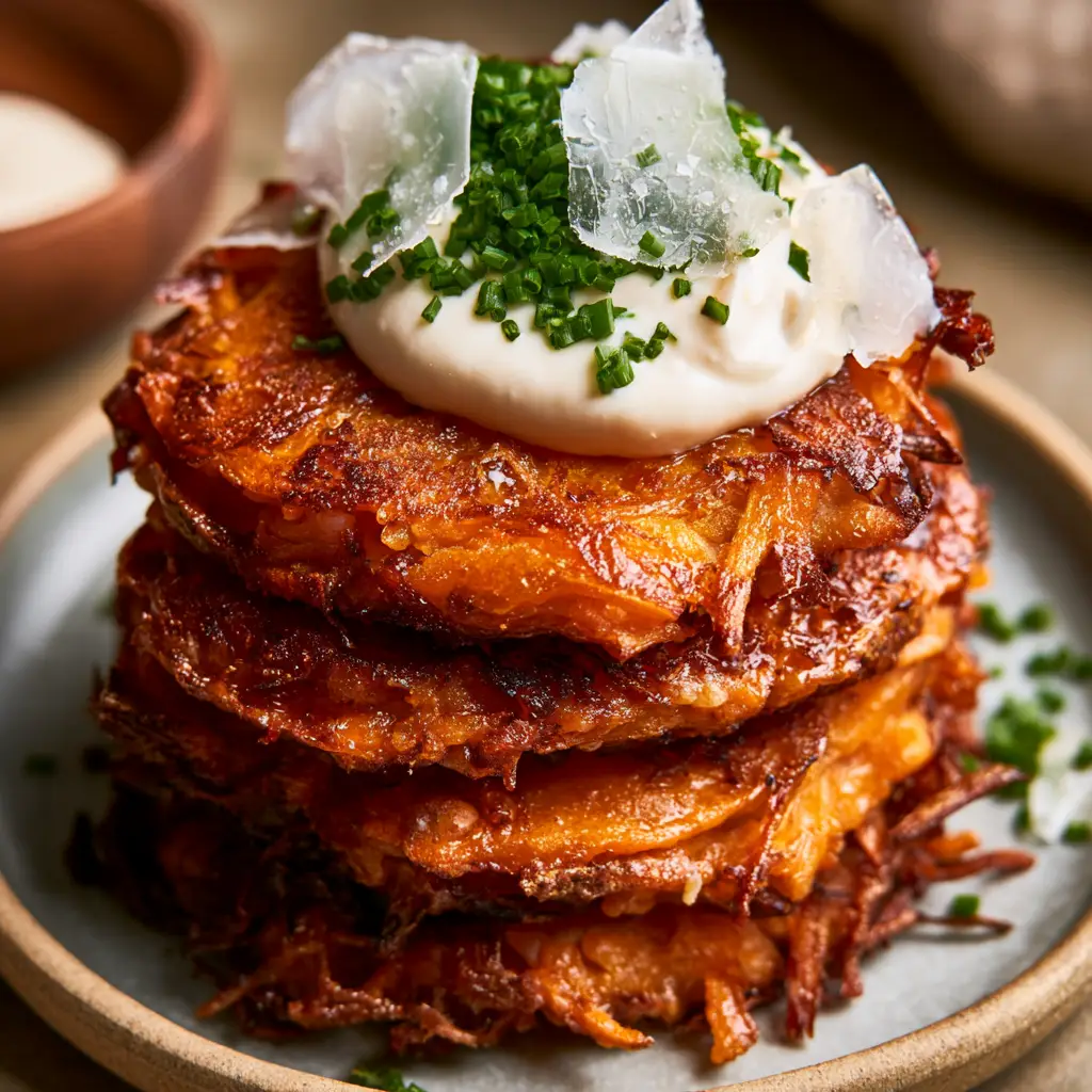 Macro shot showing the oily sheen and jagged crispy texture of shredded sweet potato patties.