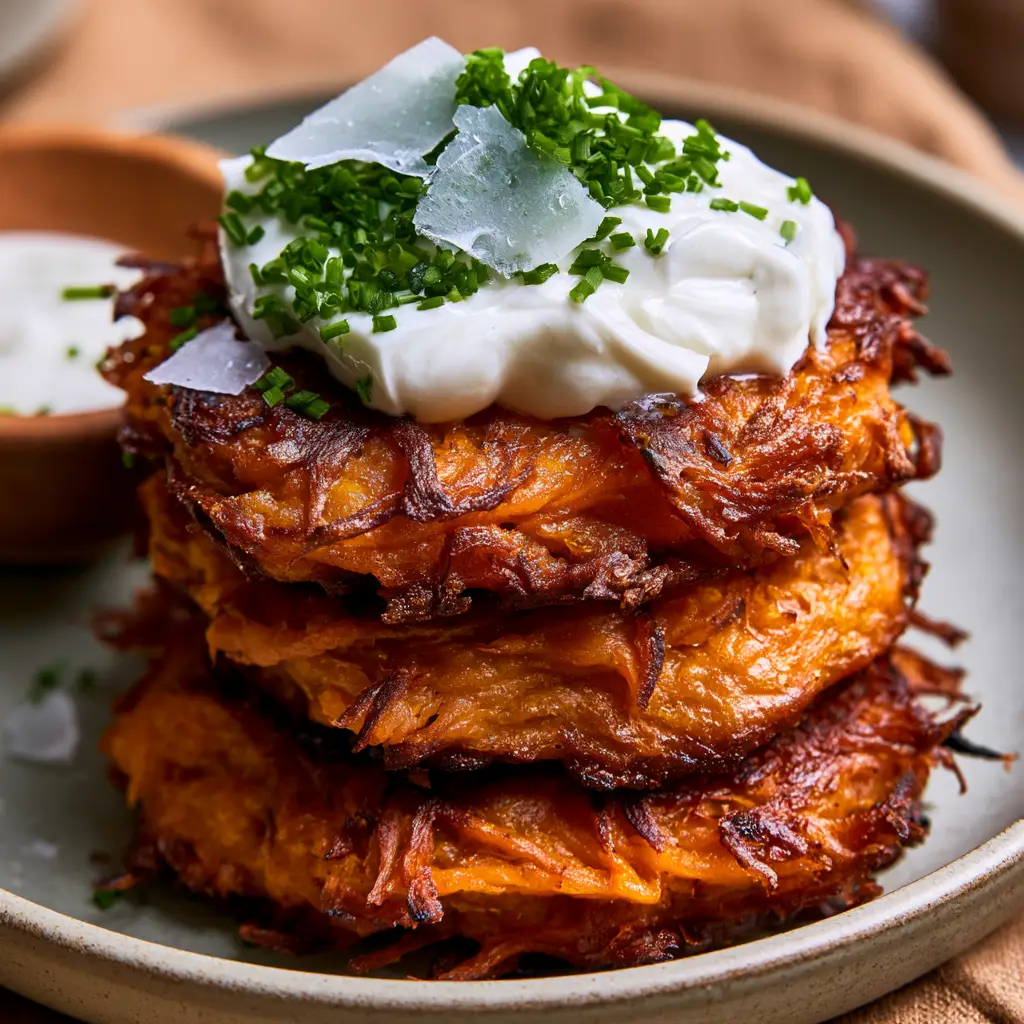 Sweet Potato Patties with Ultra-Crispy Jagged Edges and Garlic Aioli 1 Close up of savory sweet potato patties with a thick dollop of white garlic aioli and translucent sea salt flakes.