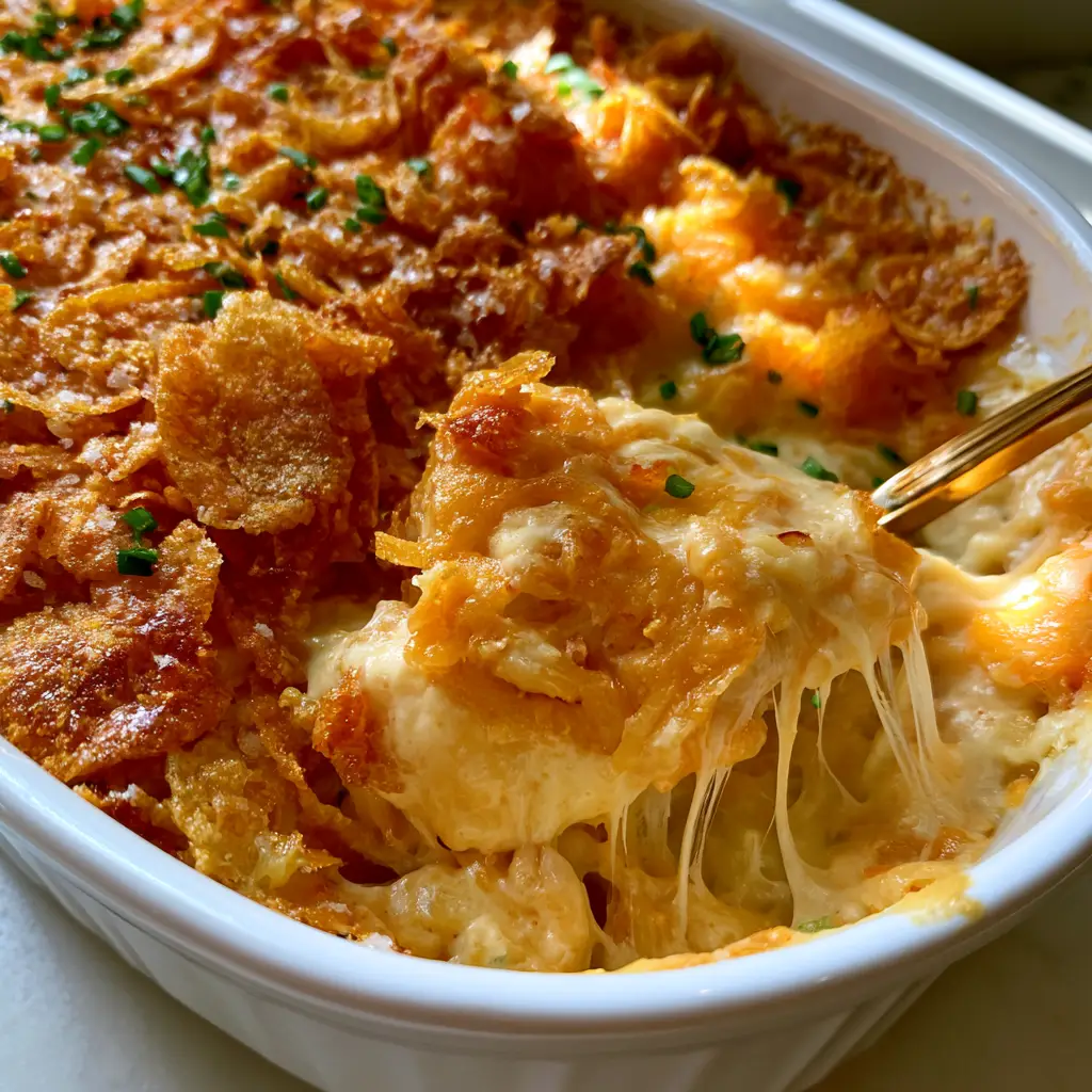 A white ceramic dish filled with cheesy potatoes featuring a jagged toasted cornflake crust and fresh chives. (cheesy potatoes)