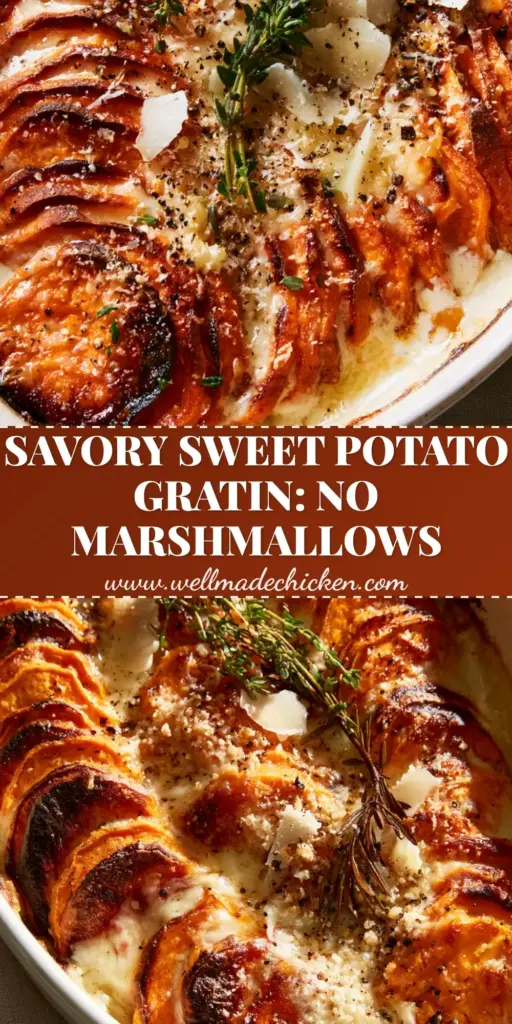 A vertical shot of a savory sweet potato gratin in a white ceramic dish with crispy edges, bubbling Gruyere, and fresh thyme sprigs.