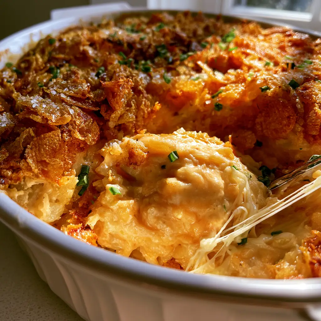 Close up of a mozzarella cheese pull from a dish of golden-brown cheesy potatoes.