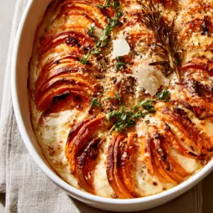 Close-up high-angle shot of sweet potato gratin with paper-thin rounds and caramelized edges in a white oval dish.