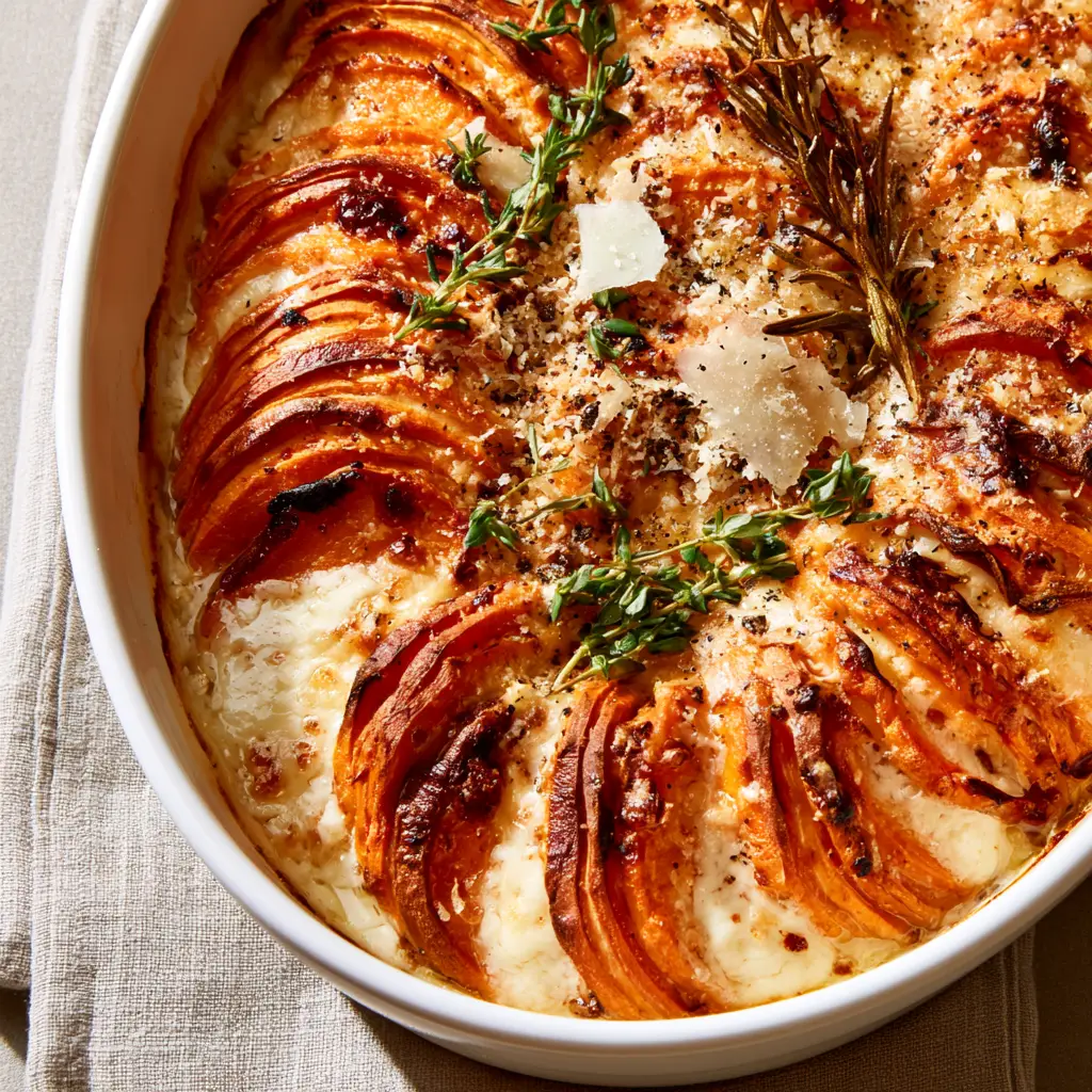 Close-up high-angle shot of sweet potato gratin with paper-thin rounds and caramelized edges in a white oval dish.