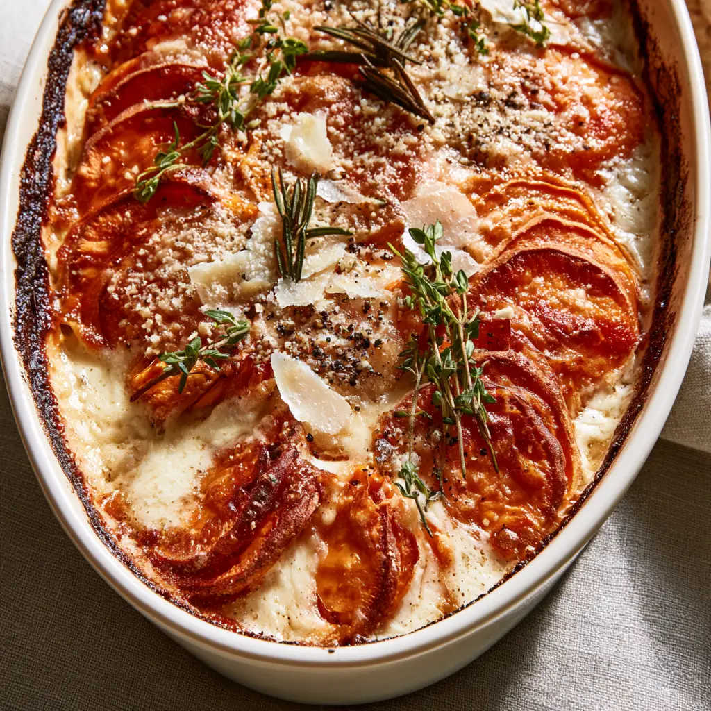 Bubbling melted gruyere cheese and fresh rosemary sprigs on top of a sweet potato gratin.
