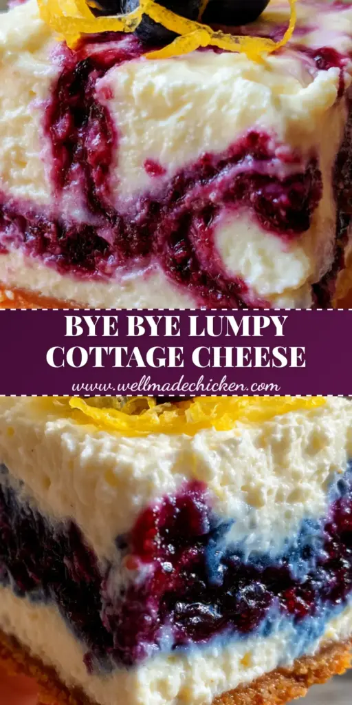 A handheld macro photo of Blueberry and Lemon Zest Cottage Cheese Bites featuring a smooth white filling, purple jam swirl, and golden almond crust.