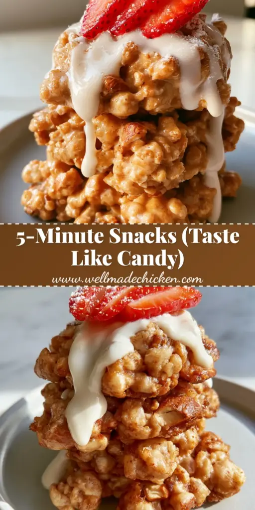 Sweet Snack Ideas: Crispy Vanilla Protein Crunch Clusters 3 A stack of crispy golden-brown protein clusters with a glossy white drizzle and three strawberry slices on a grey plate. (sweet snack ideas)