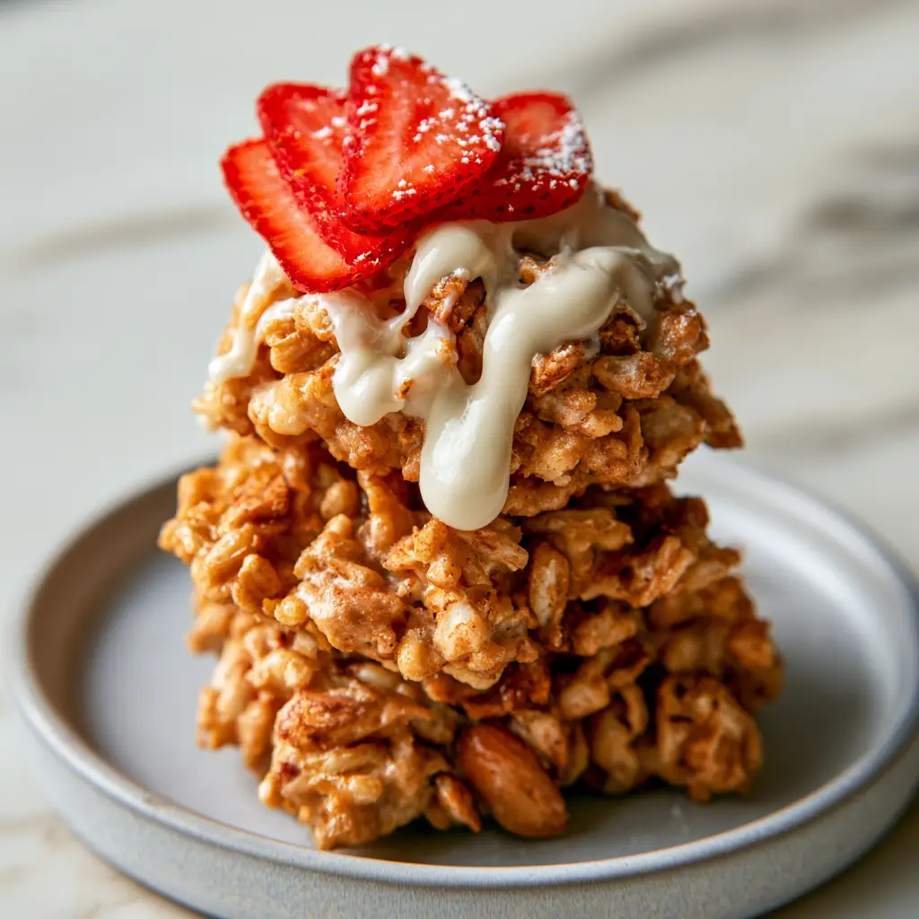 Sweet Snack Ideas: Crispy Vanilla Protein Crunch Clusters 2 Smartphone photo of golden-brown oat clusters with a thick white vanilla drizzle and fresh strawberry garnish. (sweet snack ideas)