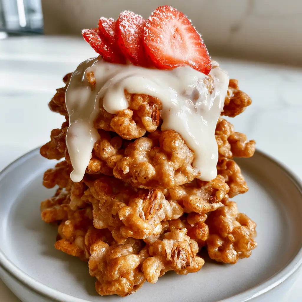 Sweet Snack Ideas: Crispy Vanilla Protein Crunch Clusters 1 Close-up of craggy, toasted protein clusters with a glossy white glaze and stevia dusting. (sweet snack ideas)