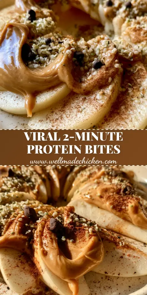 High protein apple bites: The Ultimate 5-Minute Healthy Snack 4 A circular fan of thick-cut Honeycrisp apple wedges topped with glossy natural peanut butter, hemp hearts, and mini chocolate chips. (High protein apple bites)