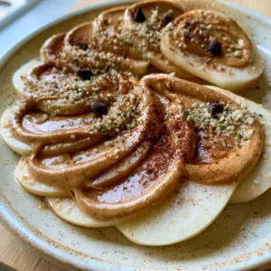 Macro close-up of High protein apple bites showing the texture of hemp hearts and glossy peanut butter on a speckled plate.
