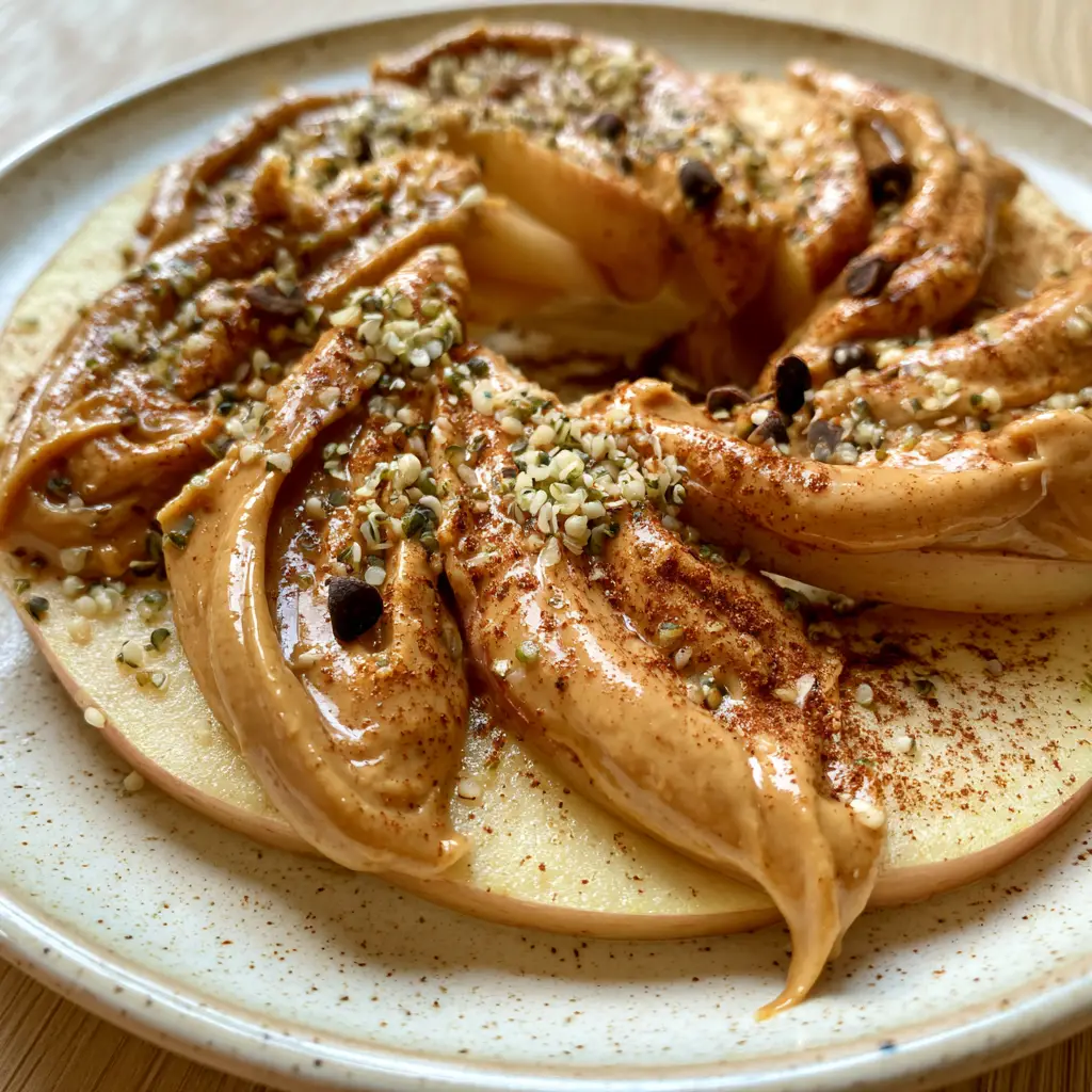 High protein apple bites: The Ultimate 5-Minute Healthy Snack 1 Handheld smartphone photo of a plate of high protein apple bites in soft morning light on a wooden table.