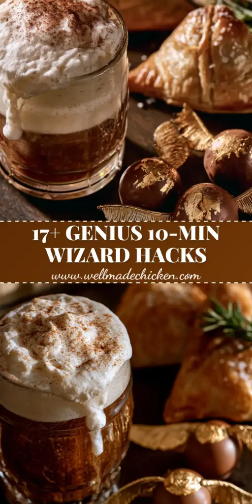 Harry Potter Party Food: The Ultimate Wizarding World Dessert Spread 3 A rustic wizarding dessert spread featuring Butterbeer with thick foam, gold-leaf Snitch truffles, and Sorting Hat pastries. (Harry Potter party food)