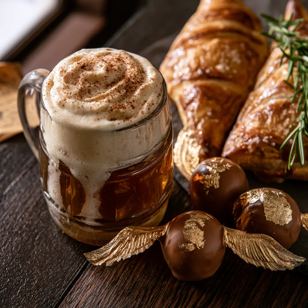 Close-up of Butterbeer with a 2-inch creamy foam layer and cinnamon dust. (Harry Potter party food)