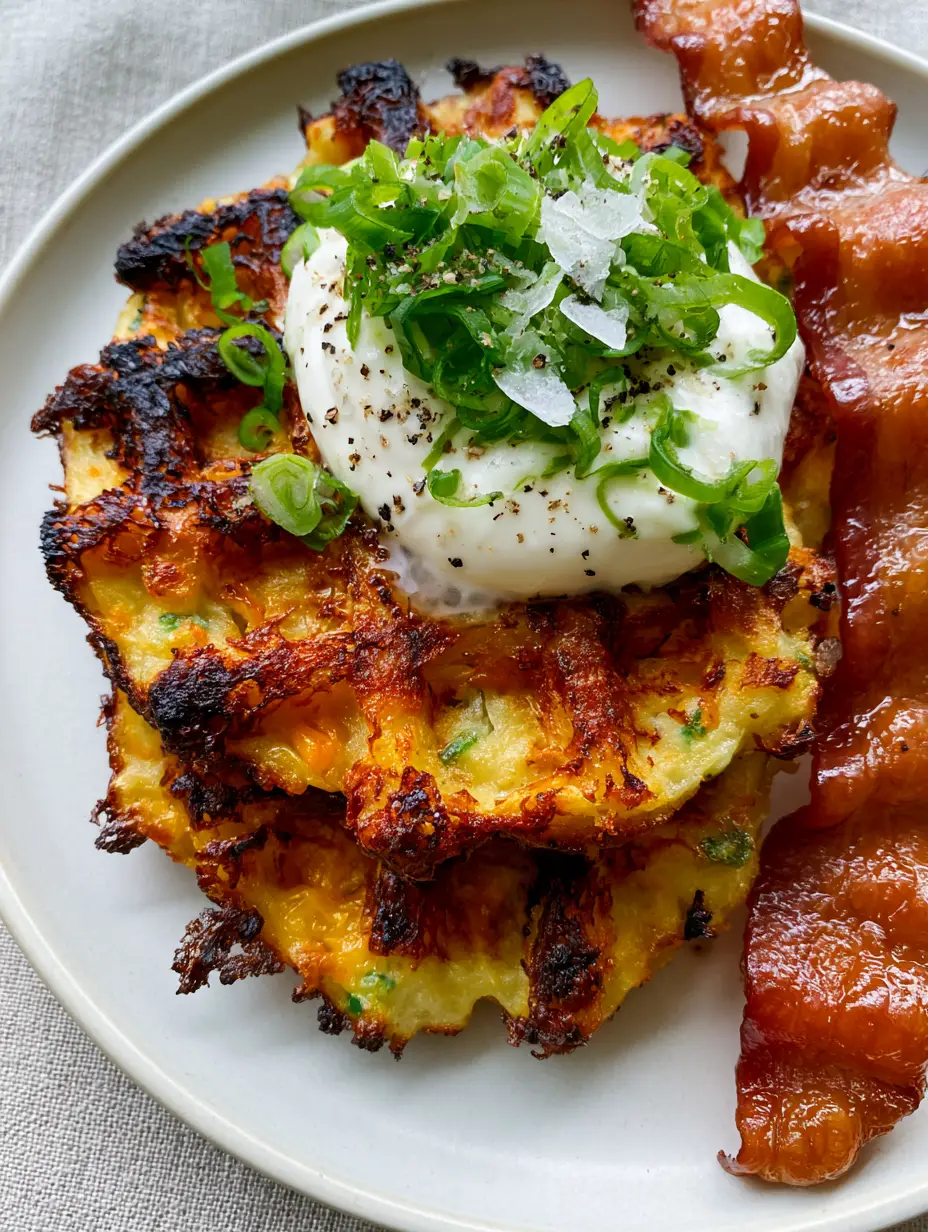 Potato Waffle Recipe with Sharp Cheddar and Crispy Bacon 4 Top-down view of thick mashed potato waffles with visible chives and melted cheese threads. (potato waffle recipe)