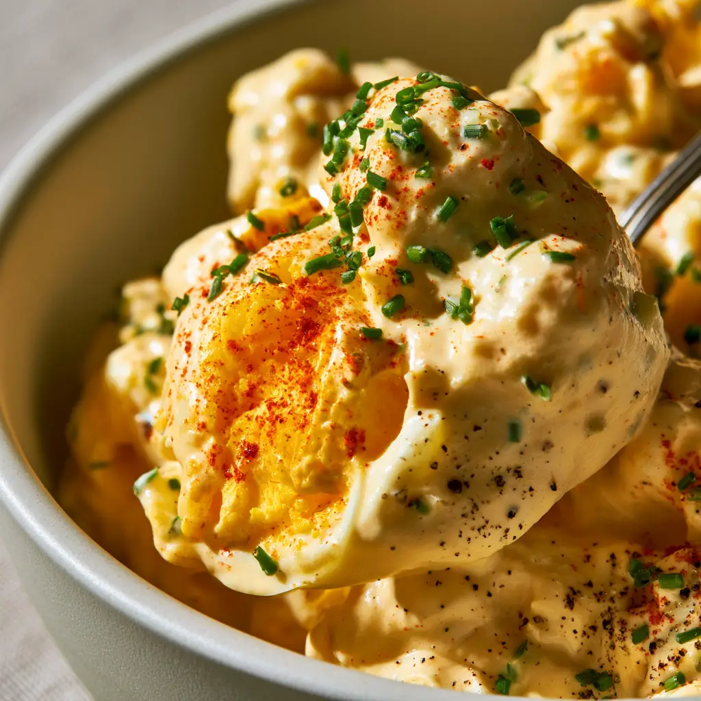 A matte white ceramic bowl filled with Classic Egg Salad Recipe dusted with red paprika and neon-green chives.