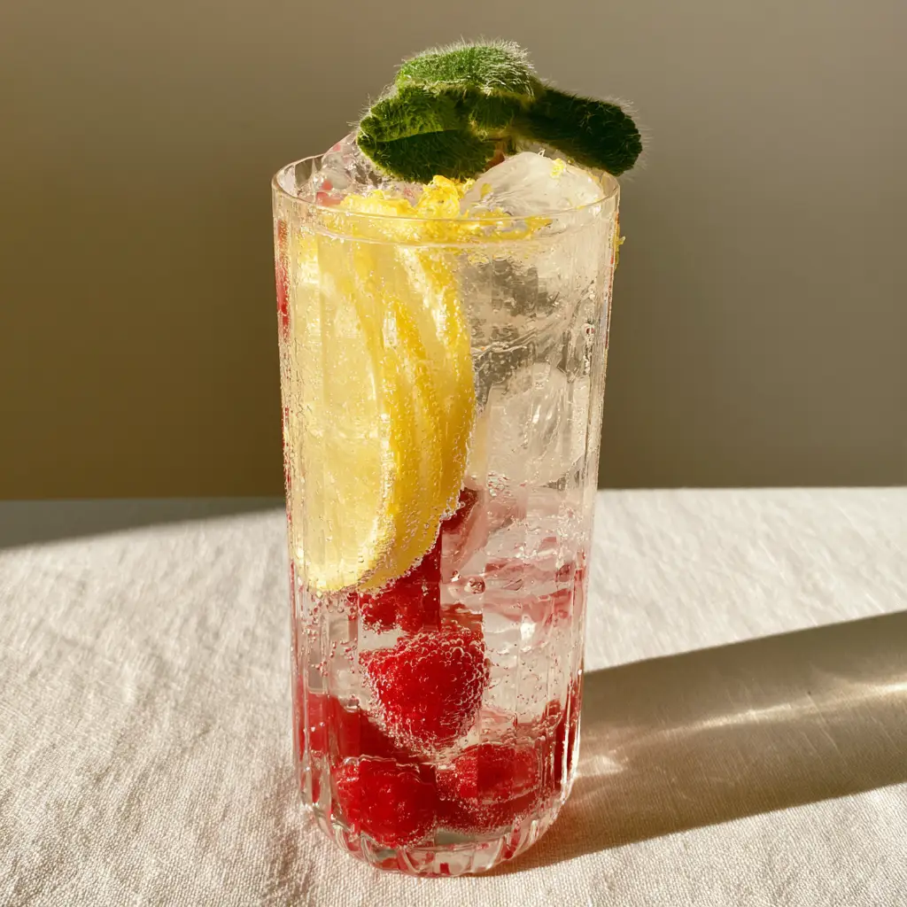 Close up of effervescent bubbles clinging to raspberries in a refreshing drink recipe.