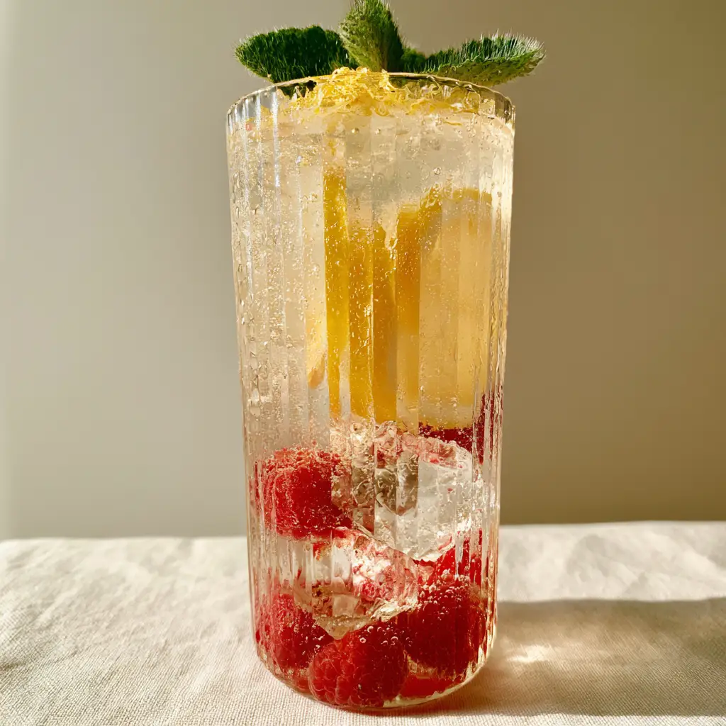 Refreshing drink recipe featuring condensation droplets on a ribbed glass with mint garnish.