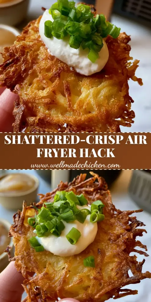 Crispy Potato Pancakes with Shattered Lacy Edges 3 A handheld ultra-crispy potato pancake with shattered lacy edges, topped with sour cream and green onions. (Crispy potato pancakes)