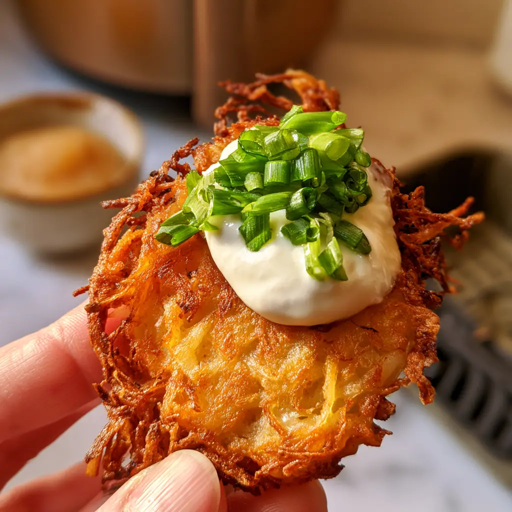 Close up of golden brown shredded potato strands in a crispy pancake. (Crispy potato pancakes)