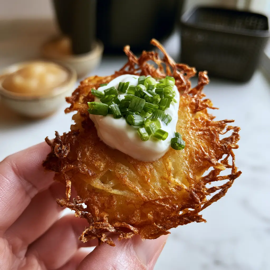 Crispy Potato Pancakes with Shattered Lacy Edges 1 Handheld crispy potato pancake showcasing the crunchy, jagged fried edges.
