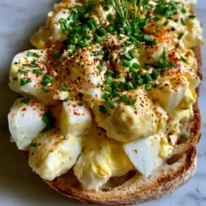 Close-up macro shot of classic egg salad showing large-chunk egg whites and velvety yellow yolks.
