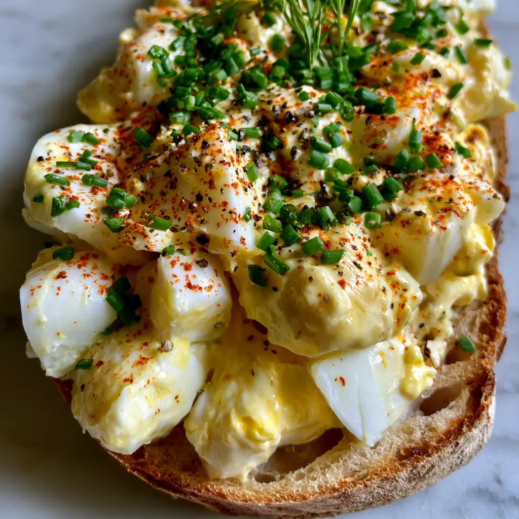 Close-up macro shot of classic egg salad showing large-chunk egg whites and velvety yellow yolks.