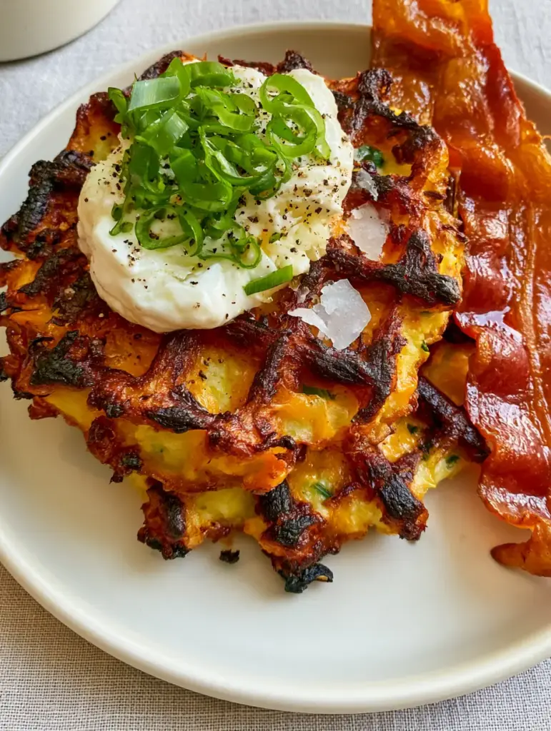 Potato Waffle Recipe with Sharp Cheddar and Crispy Bacon 1 Macro shot of a sour cream dollop melting into a crispy potato waffle ridge. (potato waffle recipe)