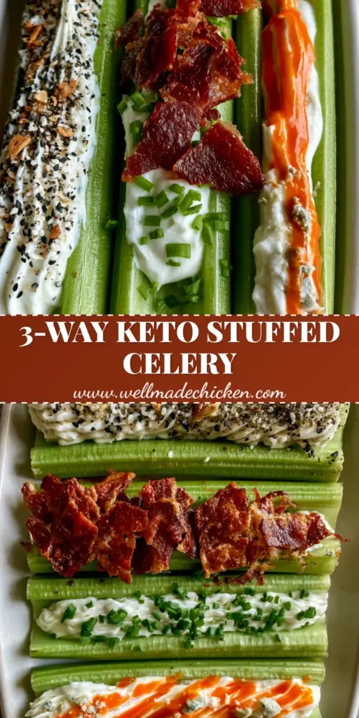 A minimalist white platter holding three varieties of gourmet stuffed celery with everything bagel seasoning, bacon chives, and buffalo blue cheese. (Stuffed Celery recipe)