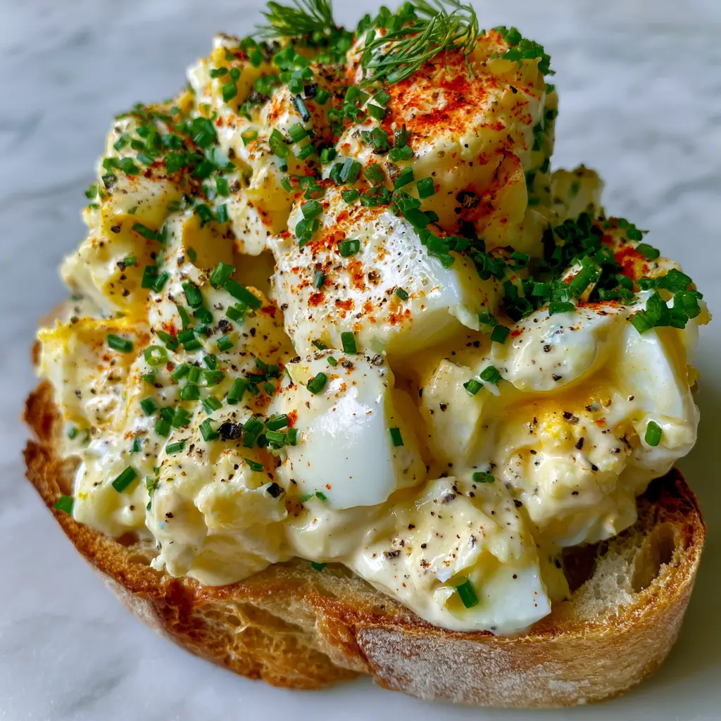 Classic egg salad garnished with fresh dill sprigs, minced chives, and crimson smoked paprika.