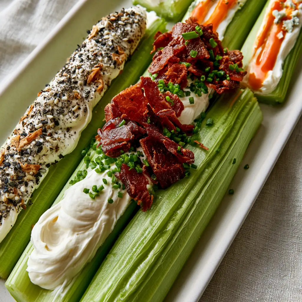 Close up of mahogany colored bacon bits and fresh chives on a Stuffed Celery recipe boat.