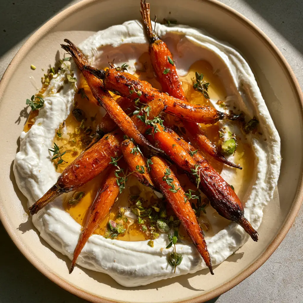 Top-down view of Roasted Carrots with Whipped Ricotta on an artisanal ceramic plate with fresh thyme and pistachios.
