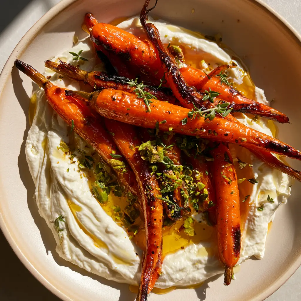Roasted Carrots with Whipped Ricotta: The Ultimate Showstopper Side Dish 1 Macro detail of charred honey-glazed heirloom carrots resting on a bed of whipped ricotta cheese.