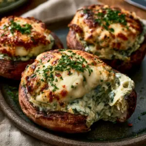 Top-down shot of three Spinach and Artichoke Stuffed Mushrooms showing charred cheese edges and red pepper flakes.