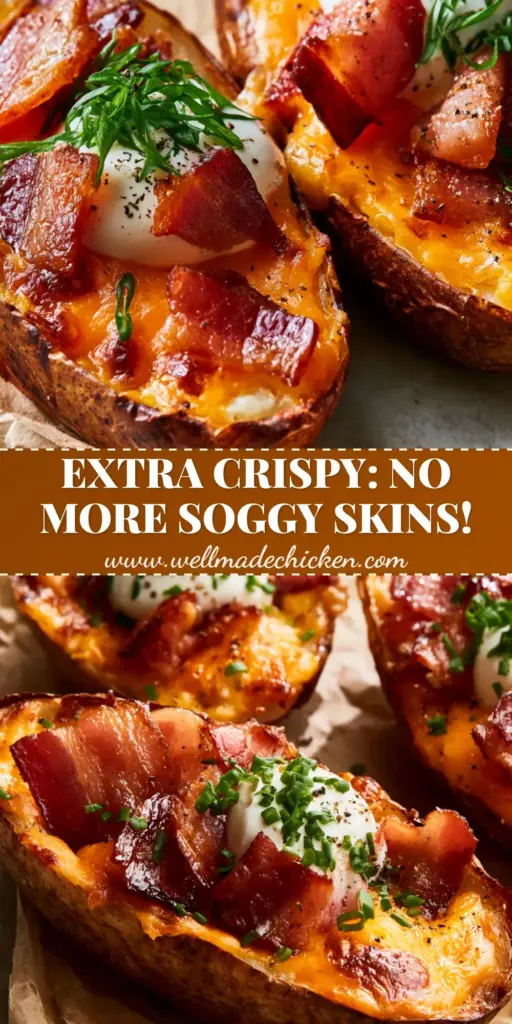 Baked Potato Skins: The Ultimate Extra-Crispy Loaded Appetizer 4 Three extra-crispy Baked Potato Skins with bubbling cheddar cheese, thick-cut bacon chunks, and a dollop of sour cream on parchment paper.
