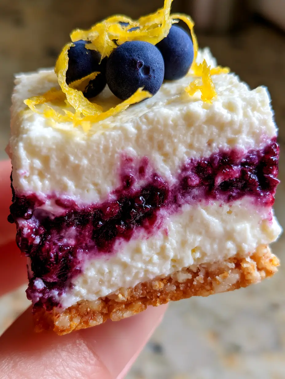 A single Blueberry and Lemon Zest Cottage Cheese Bite held between two fingers, showing the creamy texture and lemon zest bird-nest garnish.
