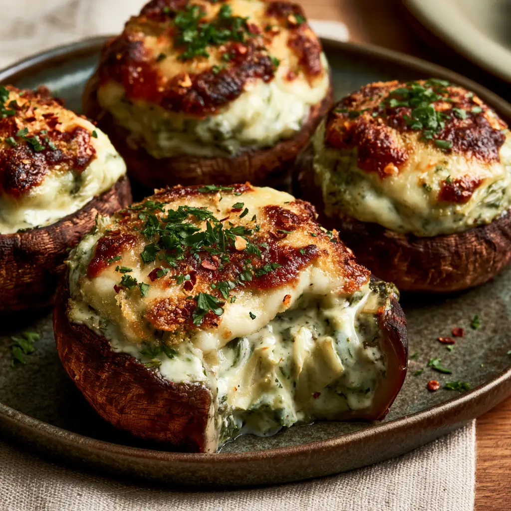 Spinach and Artichoke Stuffed Mushrooms (Cheesy & Golden) 1 A stuffed mushroom with a bite taken out, revealing a dense and creamy spinach and artichoke interior.