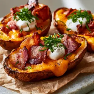A macro close-up of Loaded Baked Potato Skins showing the blistered golden-brown edges and glistening bacon chunks.