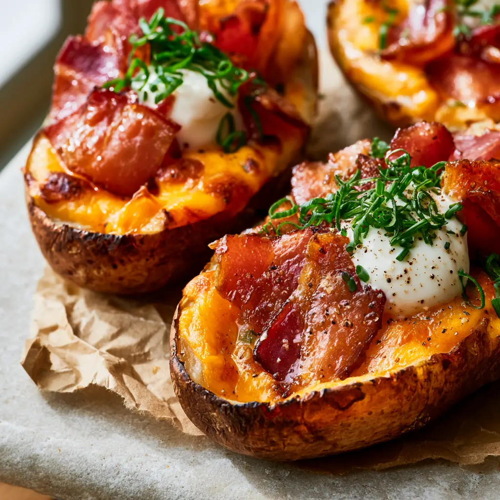 Baked Potato Skins: The Ultimate Extra-Crispy Loaded Appetizer 1 Loaded Baked Potato Skins at a 45-degree angle topped with fresh chives and cracked black pepper.