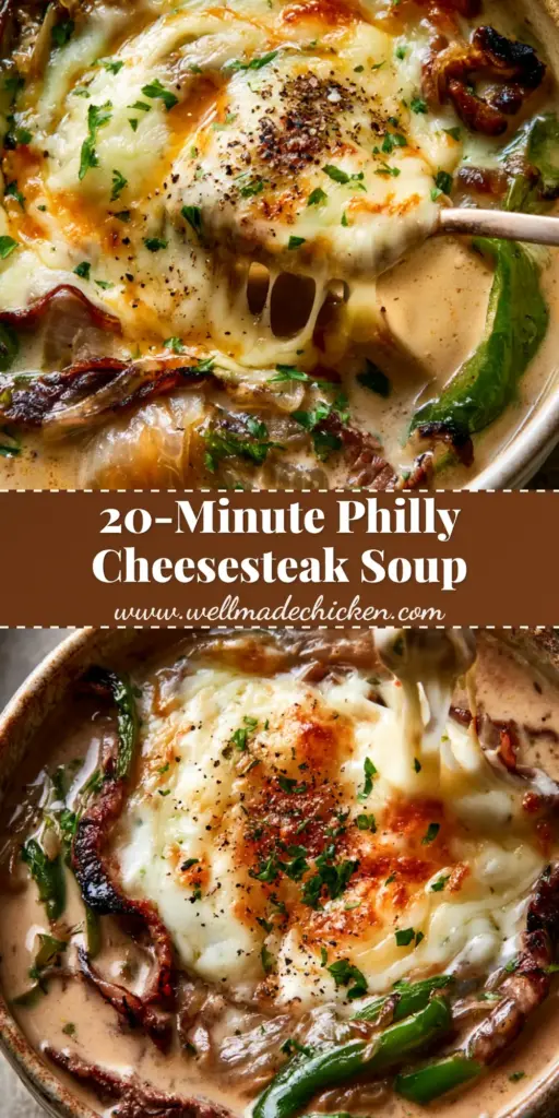 A close-up of Philly Cheesesteak Soup in a ceramic bowl featuring melted bubbly provolone cheese with a long cheese pull, seared ribeye, and green peppers.