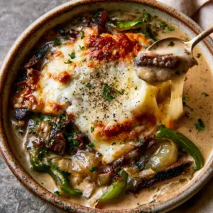 Top-down view of Philly Cheesesteak Soup with charred ribeye steak ribbons, translucent onions, and sautéed green peppers in a creamy beef broth.