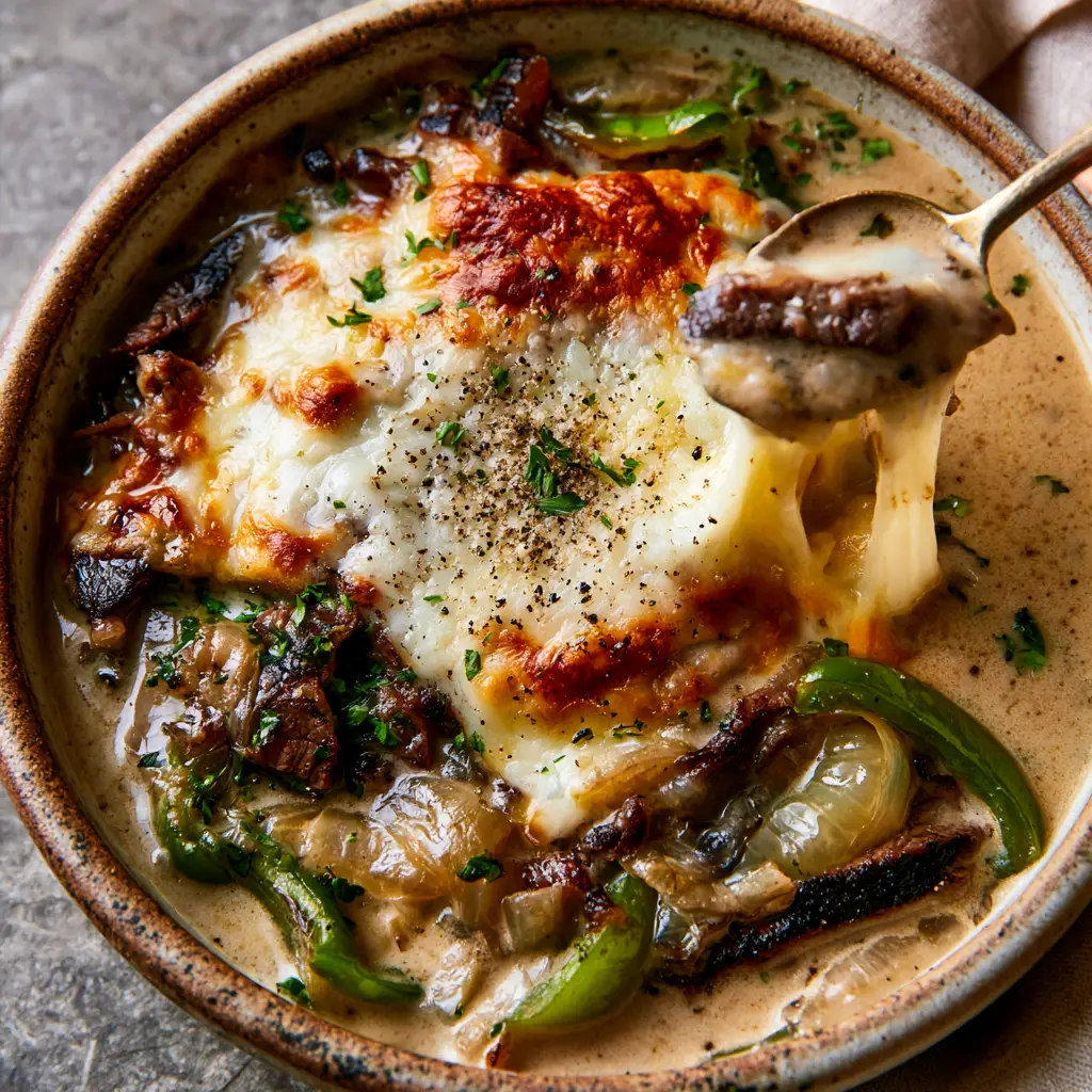 Top-down view of Philly Cheesesteak Soup with charred ribeye steak ribbons, translucent onions, and sautéed green peppers in a creamy beef broth.