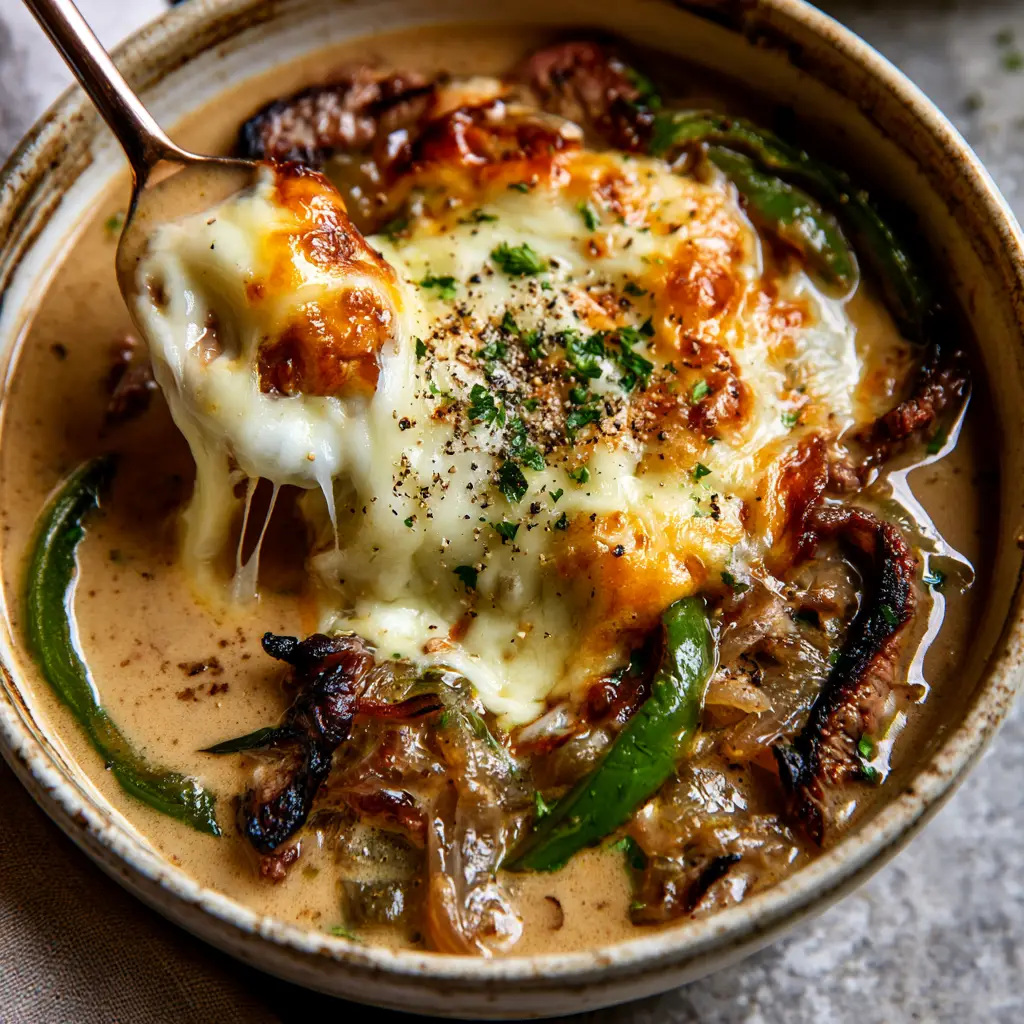 Rustic ceramic bowl of Philly Cheesesteak Soup garnished with fresh parsley and cracked black pepper, highlighting the golden-brown broiled cheese spots.