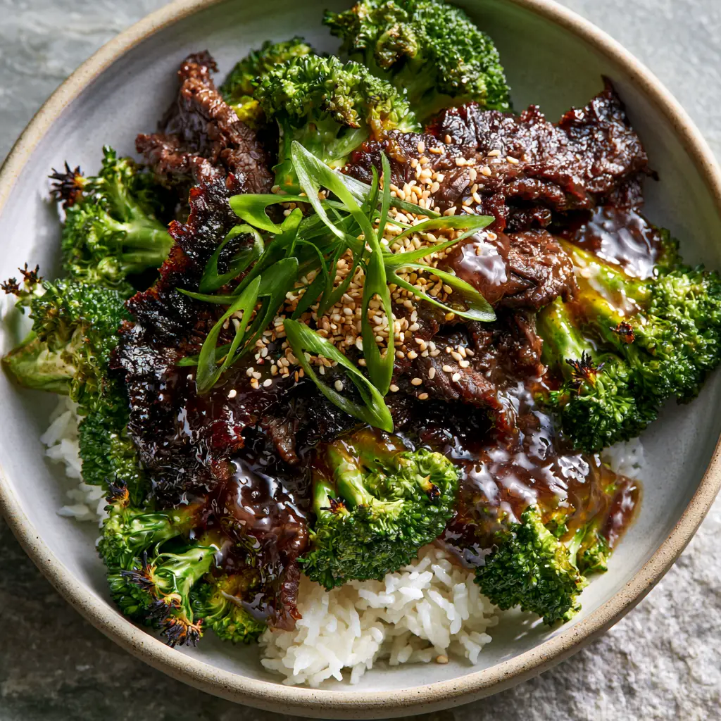 Beef and Broccoli Stir Fry: The Ultimate Silky Takeout Style 2 Close up of seared flank steak and emerald green broccoli florets in a mahogany sauce. (beef and broccoli)