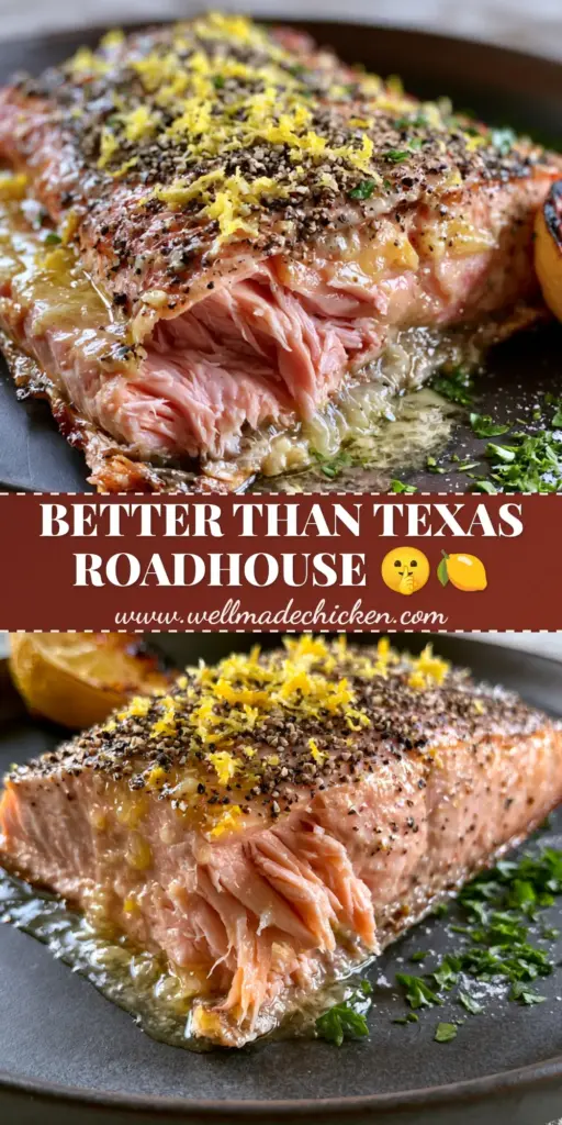 A close-up of Texas Roadhouse style baked salmon on a matte dark plate with a cracked pepper crust and garlic butter glaze.