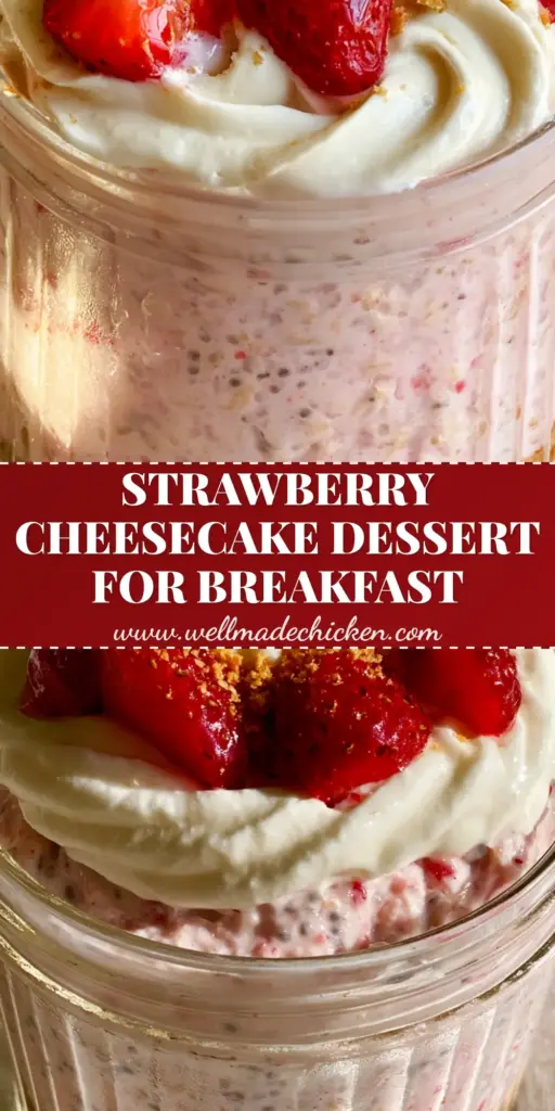 Strawberry Cheesecake Overnight Oats: The Ultimate Creamy Meal Prep 3 A handheld smartphone photo of Strawberry Cheesecake Overnight Oats in a ribbed glass jar with layers of graham cracker crust, pink oats, and high-gloss strawberries.